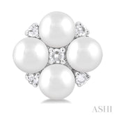 3 MM Floral Round Shape Cultured Pearl and 1/20 ctw Round Cut Diamond Fashion Stud Earring in 10K White Gold